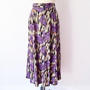 Vintage Maxi Skirt Purple Floral Button Front Long Fairy Grunge 90s Rayon Boho M